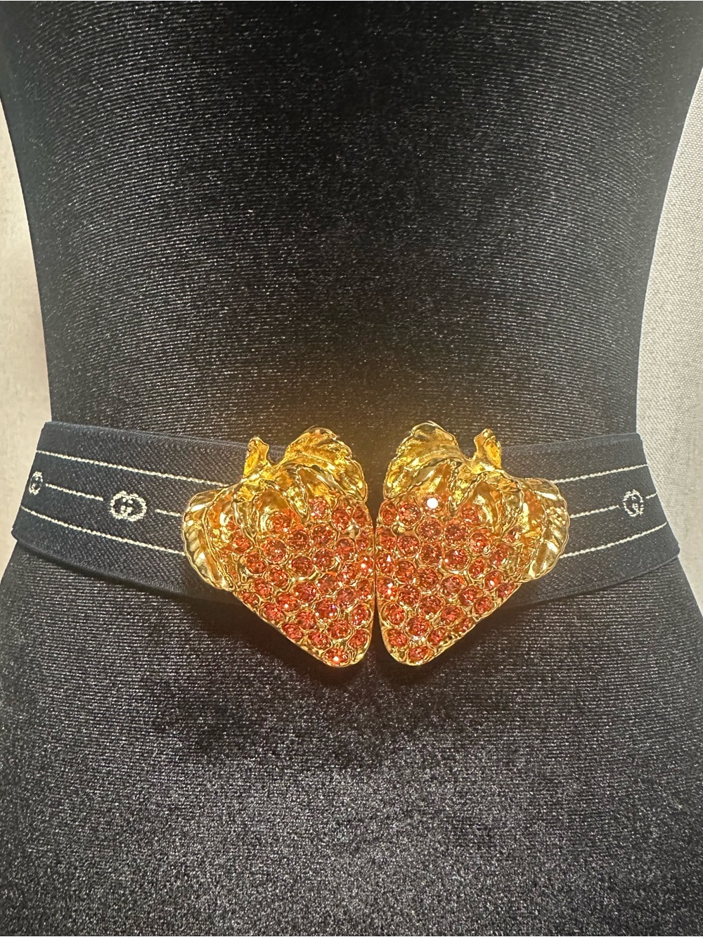 GUCCI Authentic and Rare Strawberry Crystal GG Buckle Adjustable Elastic Belt